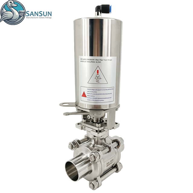 Dreiteiliger, geschweißter, pneumatischer, rückhaltefreier Kugelhahn aus Edelstahl 316L für die Flüssigkeitskühlung im Rechenzentrum