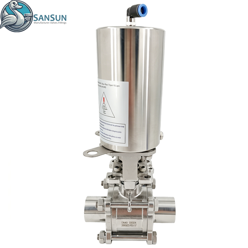 Dreiteiliger, geschweißter, pneumatischer, rückhaltefreier Kugelhahn aus Edelstahl 316L für die Flüssigkeitskühlung im Rechenzentrum