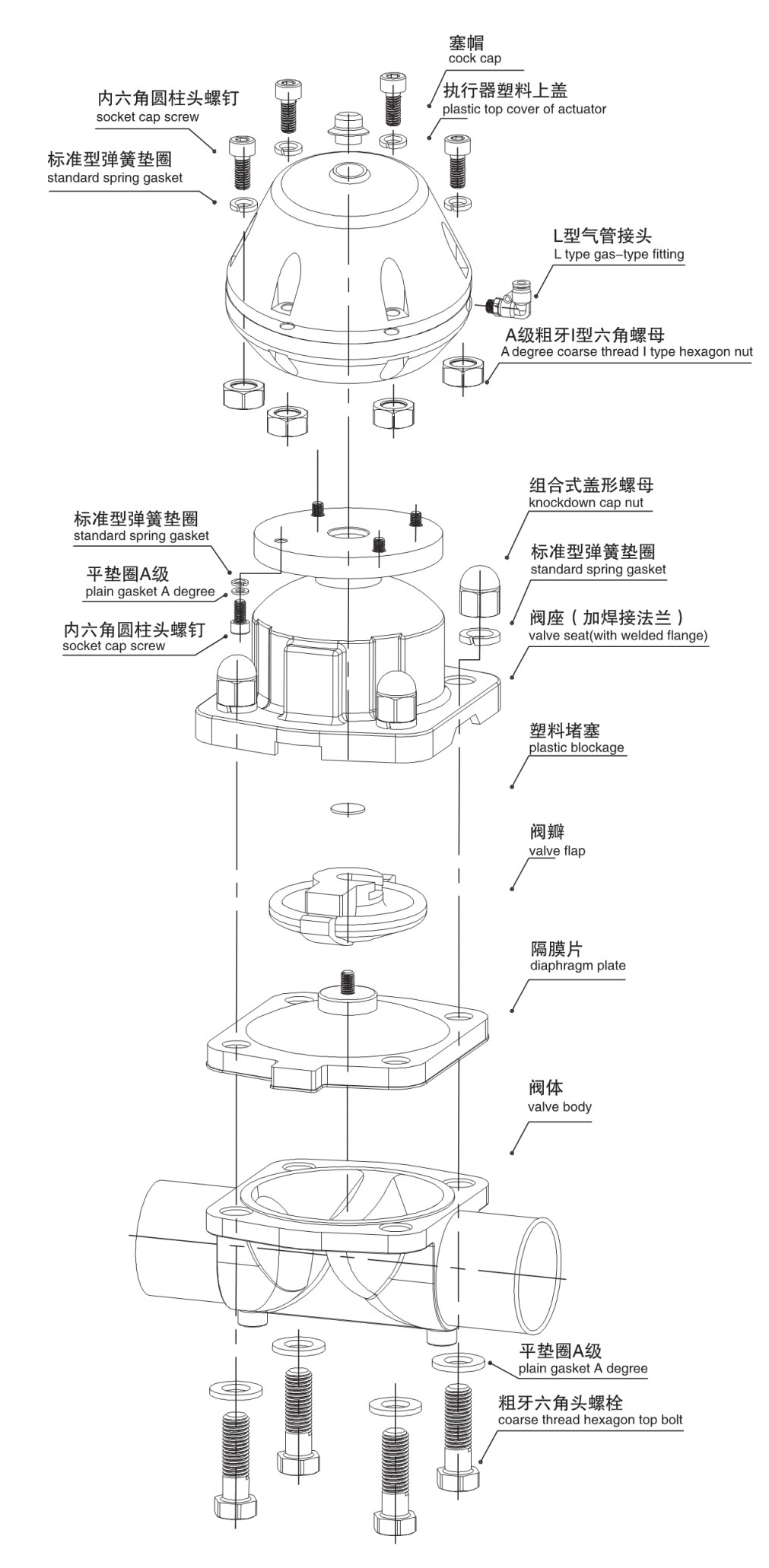 Explodierte Ansicht der Diaphragmen-Valve-mit-plastisch-pneumatischem Aktuator