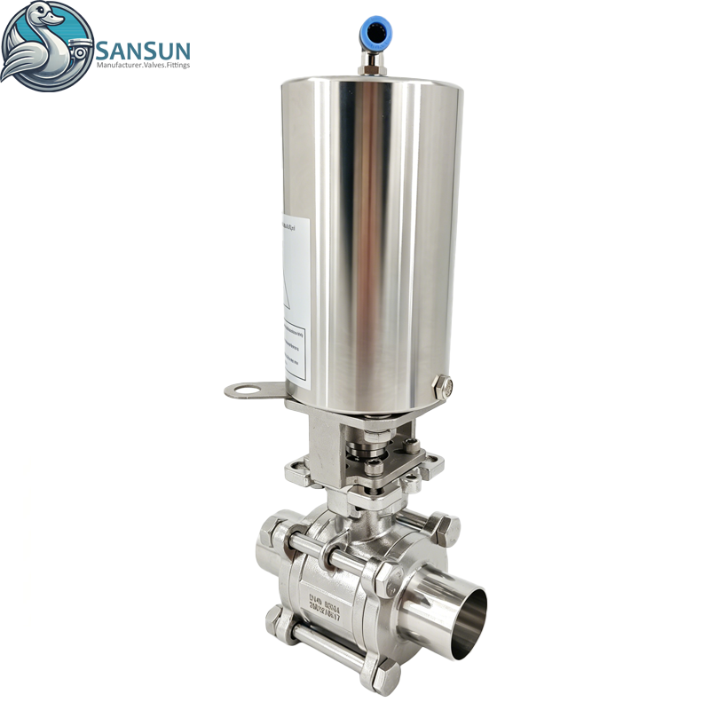 Dreiteiliger, geschweißter, pneumatischer, rückhaltefreier Kugelhahn aus Edelstahl 316L für die Flüssigkeitskühlung im Rechenzentrum