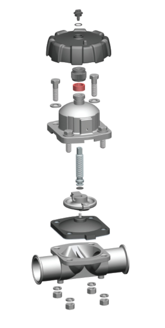 Explodiertes Anschauung von Diaphragmen-Ventil-mit-Handrad
